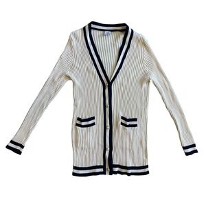 Cabi Varsity Cardigan Sweater Cream Navy Blue Ribbed Knit Gold Button Nautical M